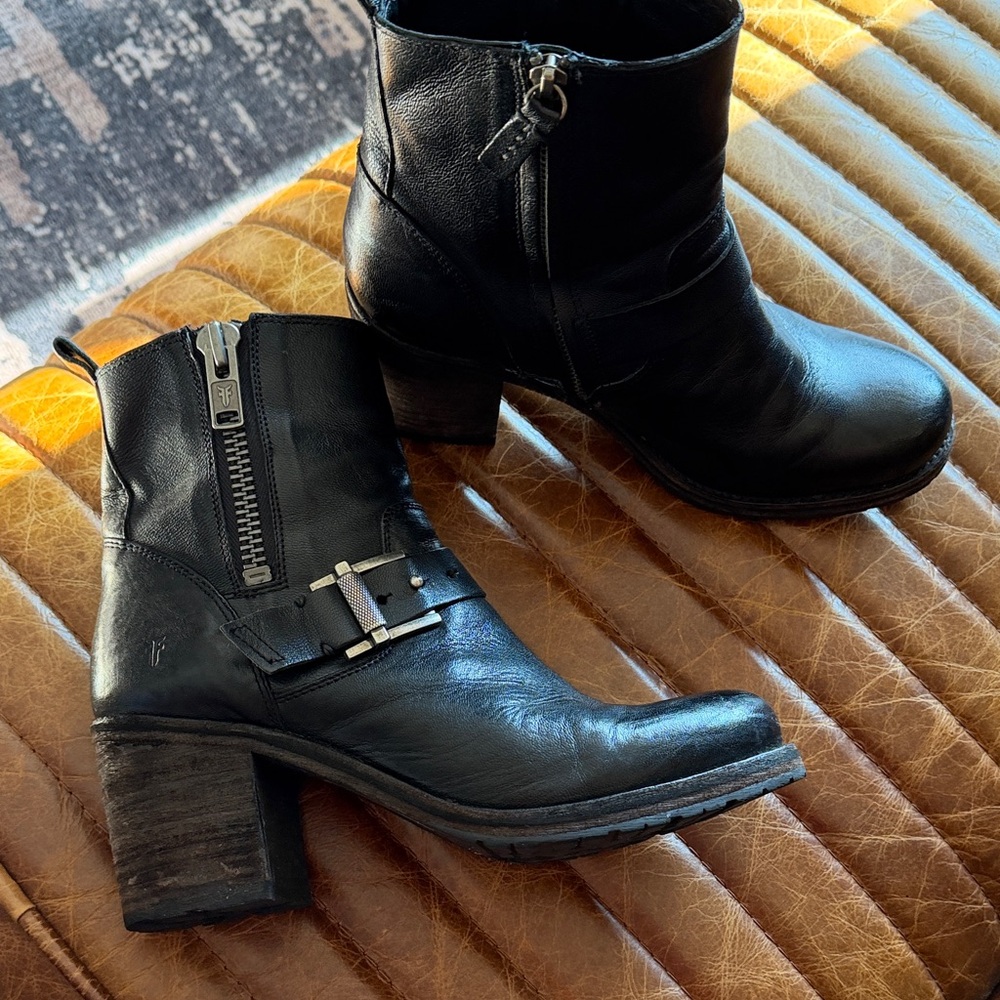 Frye Black Leather Ankle Booties with Buckle Detail